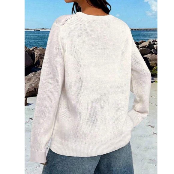 American Flag Knit White Pullover Sweater Crew Neck Long Sleeve - Picture 3 of 7